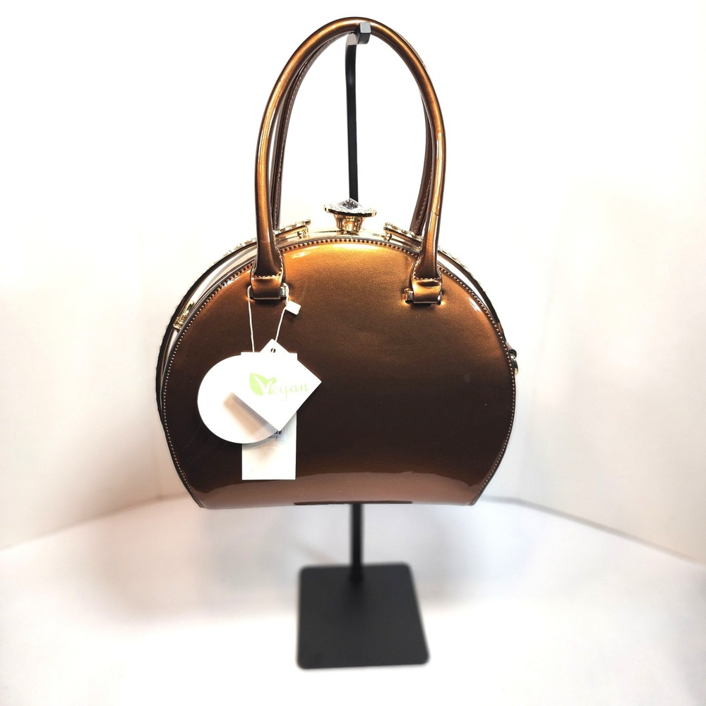 Bronze Vegan Patent Leather Rhinestone Dome Satchel Bag with Matching Wallet Set